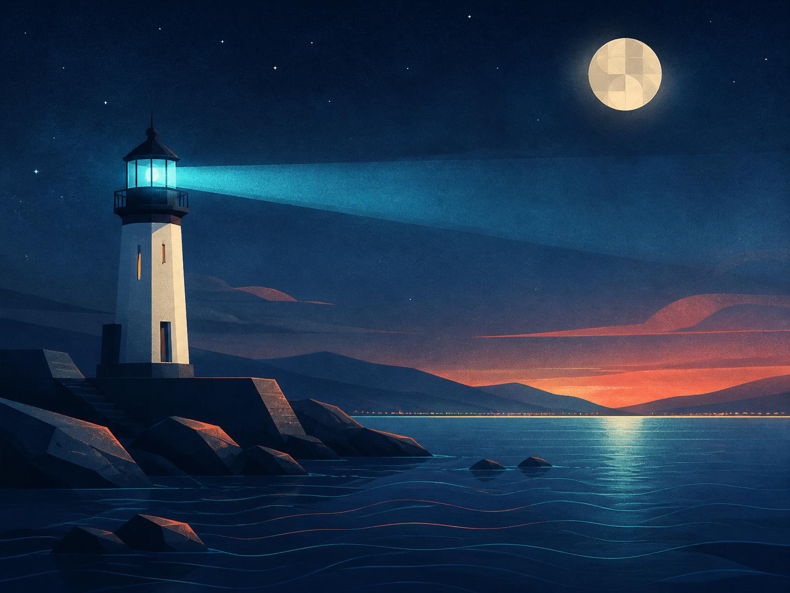 Blue Harbor lighthouse illustration at blue hour